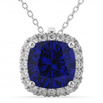 Halo Blue Sapphire Cushion Cut Pendant Necklace 14k White Gold (2.02ct)
