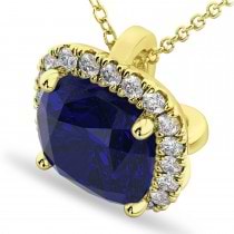 Halo Lab Blue Sapphire Cushion Cut Pendant Necklace 14k Yellow Gold (2.02ct)
