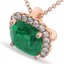Halo Lab Emerald Cushion Cut Pendant Necklace 14k Rose Gold (2.02ct)