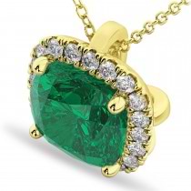 Halo Lab Emerald Cushion Cut Pendant Necklace 14k Yellow Gold (2.02ct)