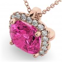 Halo Pink Tourmaline Cushion Cut Pendant Necklace 14k Rose Gold (2.02ct)