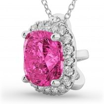 Halo Pink Tourmaline Cushion Cut Pendant Necklace 14k White Gold (2.02ct)