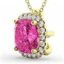 Halo Pink Tourmaline Cushion Cut Pendant Necklace 14k Yellow Gold (2.02ct)