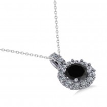 Round Black Diamond & Diamond Halo Pendant Necklace 14k White Gold (0.80ct)