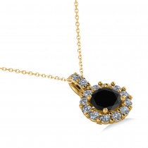 Round Black Diamond & Diamond Halo Pendant Necklace 14k Yellow Gold (0.80ct)
