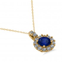 Round Blue Sapphire & Diamond Halo Pendant Necklace 14k Yellow Gold (0.90ct)