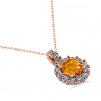 Round Citrine & Diamond Halo Pendant Necklace 14k Rose Gold (0.70ct)