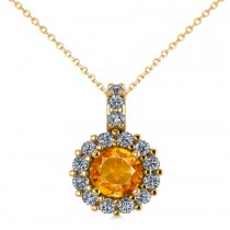 Round Citrine & Diamond Halo Pendant Necklace 14k Yellow Gold (0.70ct)