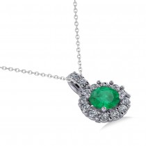 Round Emerald & Diamond Halo Pendant Necklace 14k White Gold (0.78ct)