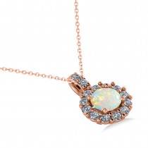 Round Opal & Diamond Halo Pendant Necklace 14k Rose Gold (0.64ct)