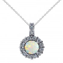 Round Opal & Diamond Halo Pendant Necklace 14k White Gold (0.64ct)