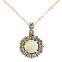 Round Opal & Diamond Halo Pendant Necklace 14k Yellow Gold (0.64ct)