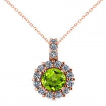 Round Peridot & Diamond Halo Pendant Necklace 14k Rose Gold (0.80ct)