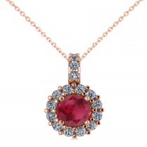 Round Ruby & Diamond Halo Pendant Necklace 14k Rose Gold (0.90ct)