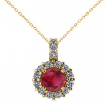 Round Ruby & Diamond Halo Pendant Necklace 14k Yellow Gold (0.90ct)