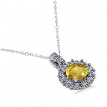 Round Yellow Sapphire & Diamond Halo Pendant Necklace 14k White Gold (0.90ct)