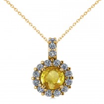 Round Yellow Sapphire & Diamond Halo Pendant Necklace 14k Yellow Gold (0.90ct)