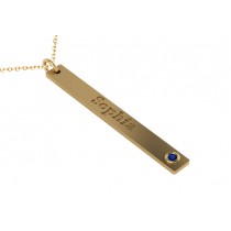 Name Engravable Blue Sapphire Bar Pendant Necklace 14k Yellow Gold