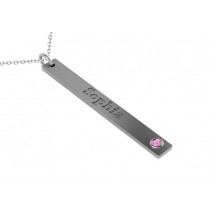 Name Engravable Pink Sapphire Bar Pendant Necklace 14k White Gold