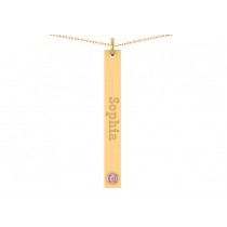 Name Engravable Pink Sapphire Bar Pendant Necklace 14k Yellow Gold