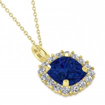 Cushion Cut Blue Sapphire & Diamond Halo Pendant 14k Yellow Gold (0.92ct)