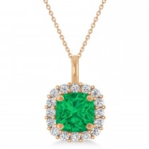 Cushion Cut Emerald & Diamond Halo Pendant 14k Rose Gold (0.92ct)