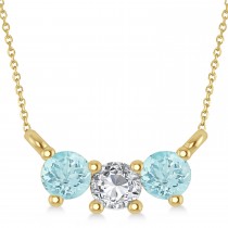 Three Stone Diamond & Aquamarine Pendant Necklace 14k Yellow Gold (0.45ct)