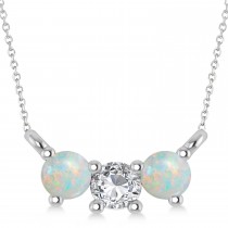 Three Stone Diamond & Opal Pendant Necklace 14k White Gold (0.45ct)