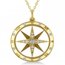 Extra Large Compass Necklace Pendant For Men Diamond Accented 14k Yellow Gold (0.45ct)