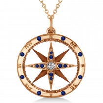 Extra Large Compass Pendant For Men Blue Sapphire & Diamond Accented 14k Rose Gold (0.45ct)
