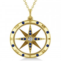 Extra Large Compass Pendant For Men Blue Sapphire & Diamond Accented 14k Yellow Gold (0.45ct)