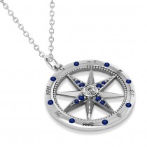 Extra Large Compass Pendant For Men Blue Sapphire & Diamond Accented 18k White Gold (0.45ct)