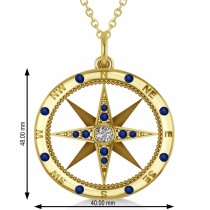 Extra Large Compass Pendant For Men Blue Sapphire & Diamond Accented 18k Yellow Gold (0.45ct)