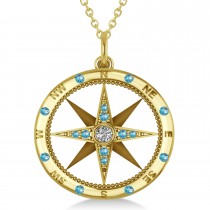 Extra Large Compass Pendant For Men Blue Topaz & Diamond Accented 14k Yellow Gold (0.45ct)