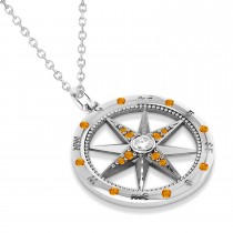 Extra Large Compass Pendant For Men Citrine & Diamond Accented 14k White Gold (0.45ct)