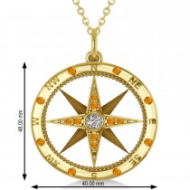 Extra Large Compass Pendant For Men Citrine & Diamond Accented 14k Yellow Gold (0.45ct)