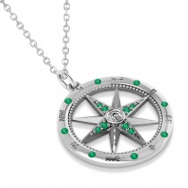 Extra Large Compass Pendant For Men Emerald & Diamond Accented 14k White Gold (0.45ct)