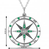 Extra Large Compass Pendant For Men Emerald & Diamond Accented 14k White Gold (0.45ct)