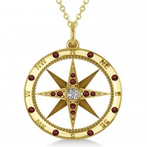 Extra Large Compass Pendant For Men Garnet & Diamond Accented 14k Yellow Gold (0.45ct)