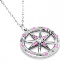 Extra Large Compass Pendant For Men Pink Sapphire & Diamond Accented 14k White Gold (0.45ct)