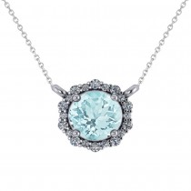 Round Diamond & Aquamarine Halo Pendant Necklace 14K White Gold (1.45ct)