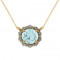 Round Diamond & Aquamarine Halo Pendant Necklace 14K Yellow Gold (1.45ct)