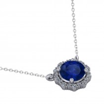 Round Diamond & Blue Sapphire Halo Pendant Necklace 14K White Gold (1.55ct)