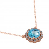 Round Diamond & Blue Topaz Halo Pendant Necklace 14K Rose Gold (1.50ct)