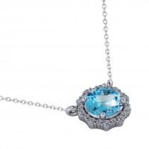 Round Diamond & Blue Topaz Halo Pendant Necklace 14K White Gold (1.50ct)