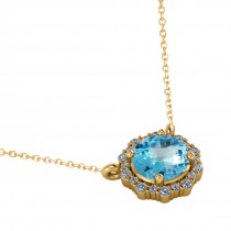 Round Diamond & Blue Topaz Halo Pendant Necklace 14K Yellow Gold (1.50ct)