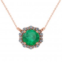 Round Diamond & Emerald Halo Pendant Necklace 14K Rose Gold (1.40ct)