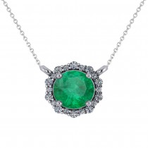 Round Diamond & Emerald Halo Pendant Necklace 14K White Gold (1.40ct)