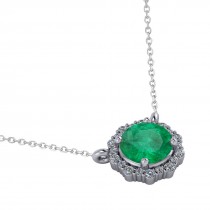 Round Diamond & Emerald Halo Pendant Necklace 14K White Gold (1.40ct)