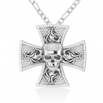 Skull & Cross Men's Pendant Necklace 14k White Gold